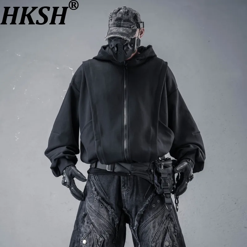 HKSH Niche Dark Patchwork Hooded Cardigan Sweatshirt Spring Autumn New Men's American Faux Two-Piece Zipper Hoodie Loose HK28024