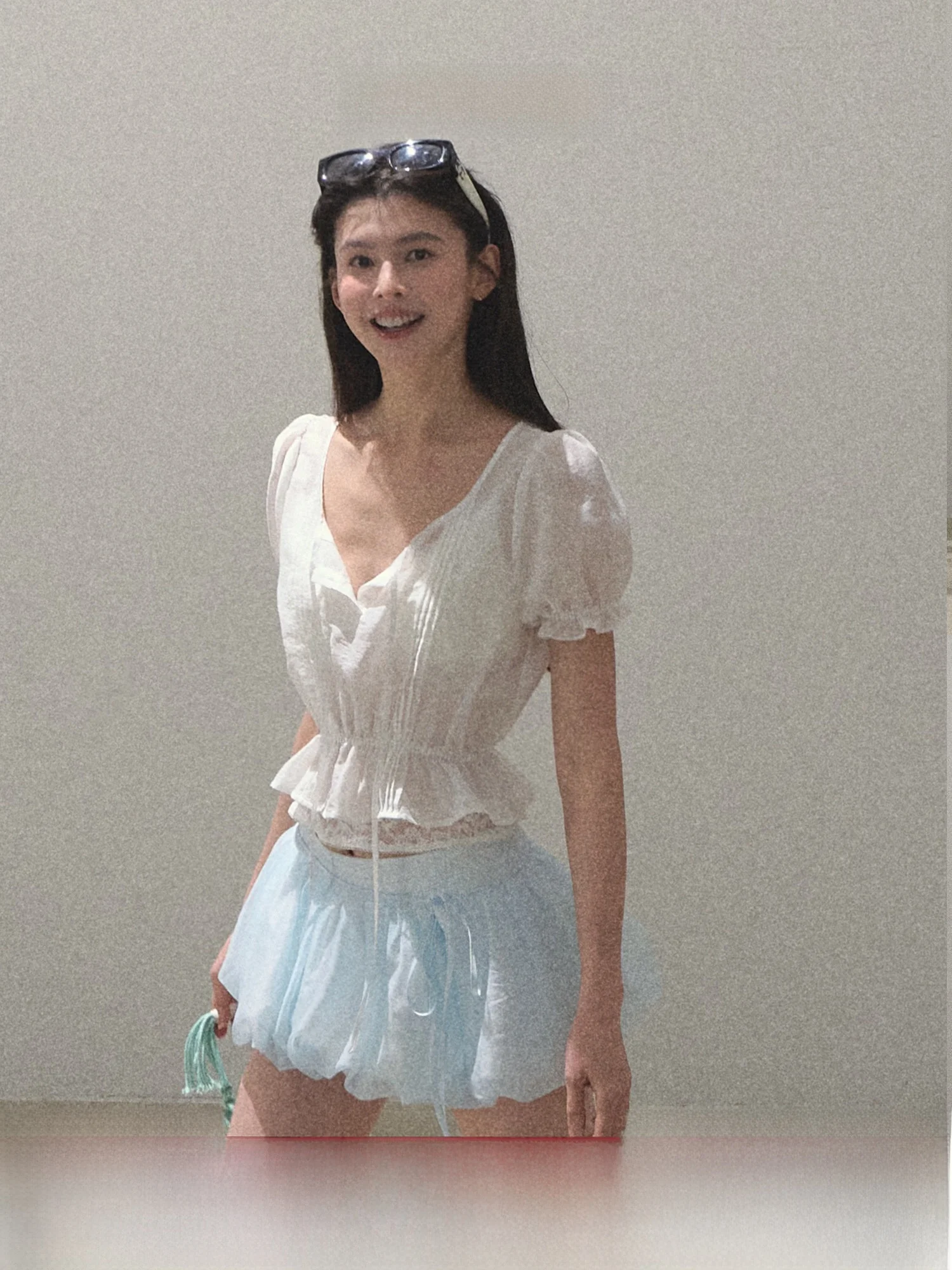 

OAKMOO French Sle Loose Fit Bubble Sve Texture Embroidery ort irt Dr Slimming High Raising Bow Tie Top for Women