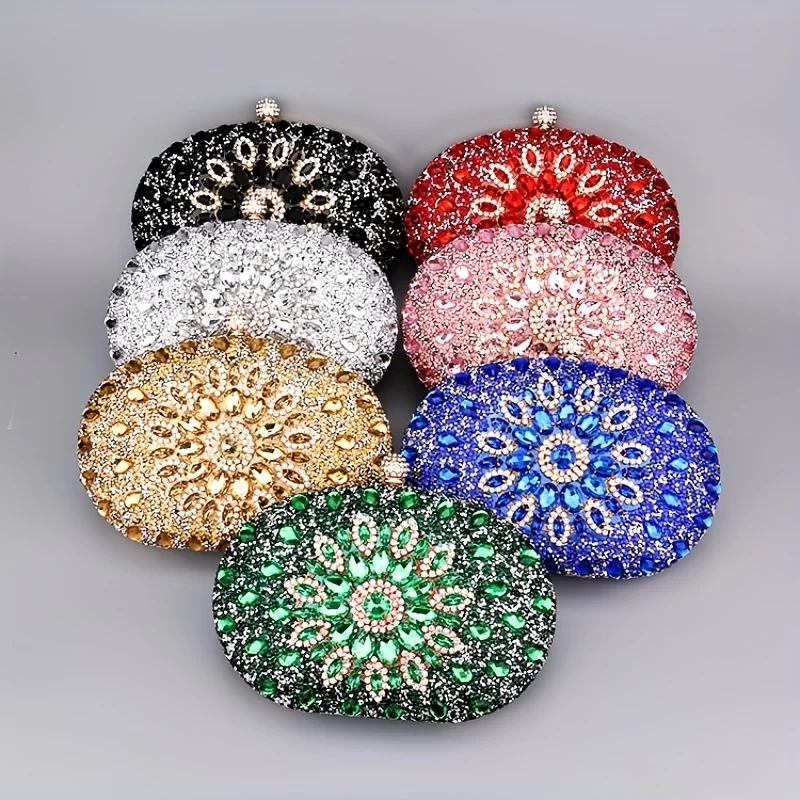 

Flower Pattern Rhinestone Glitter Metal Chain Handbag, Elegent Textured Metal Frame Purse, Classic Dinner Evening Bag for Carnav