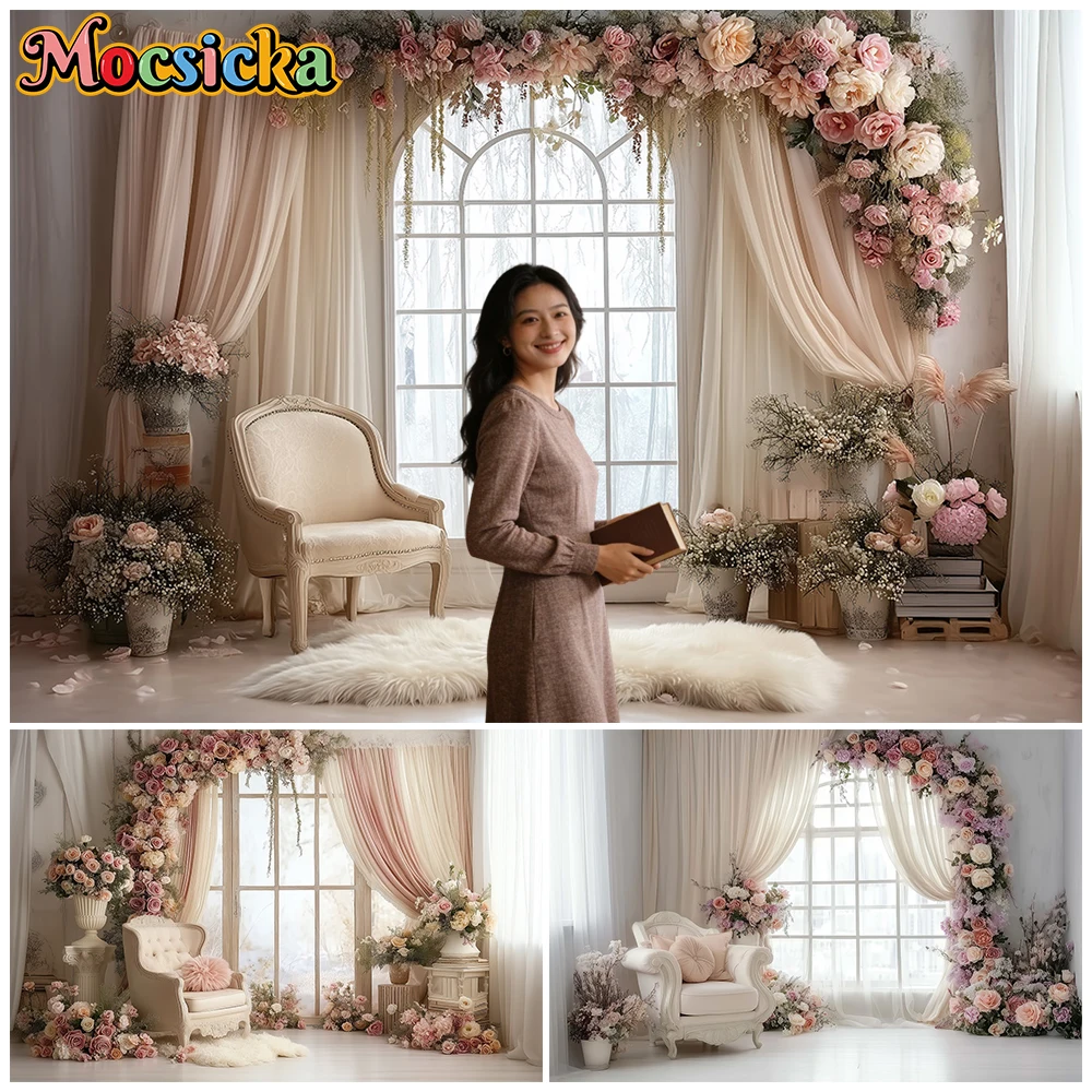 

Mocsicka Mother's Day Photography Backdrop Beige Window Curtains Flowers Decorations Woman Girl Portrait Photo Studio Background