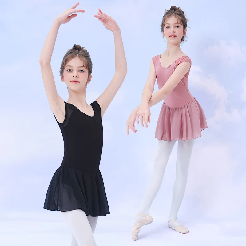 여아 발레 드레스 민소매 댄스 레오타드 드레스 면 혼방 댄스 드레스 여아용 발레 레오타드 쉬폰 스커트 포함