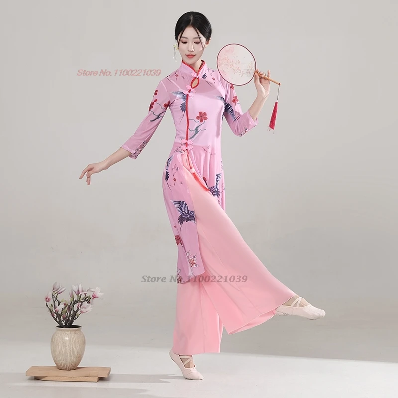 Strój do tańca vintage chiński 2025, sukienka qipao z siateczki + zestaw spodni, nadruk żurawi, ludowy taniec qipao, tradycyjny strój sceniczny