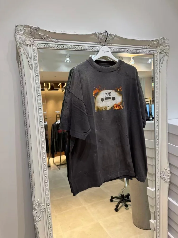 

SAINT 26AW новая винтажная стираная футболка с принтом кассеты в стиле ретро, свободная мужская повседневная футболка