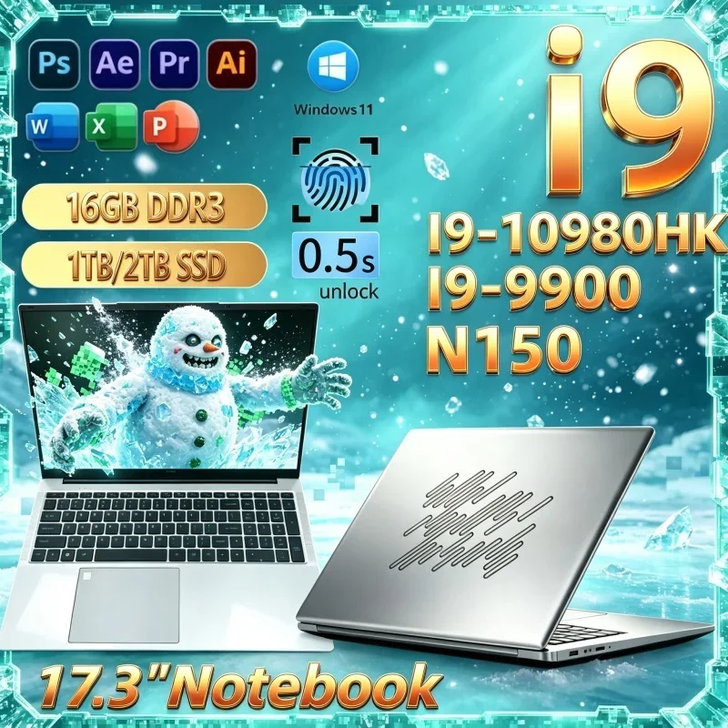 Hot 17.3 Inch Laptop,New Intel I9‑10980HK/I9‑9900/N150 16GB 32GB 2TB SSD Win11 Ultra Slim Gaming Office Travel Notebook