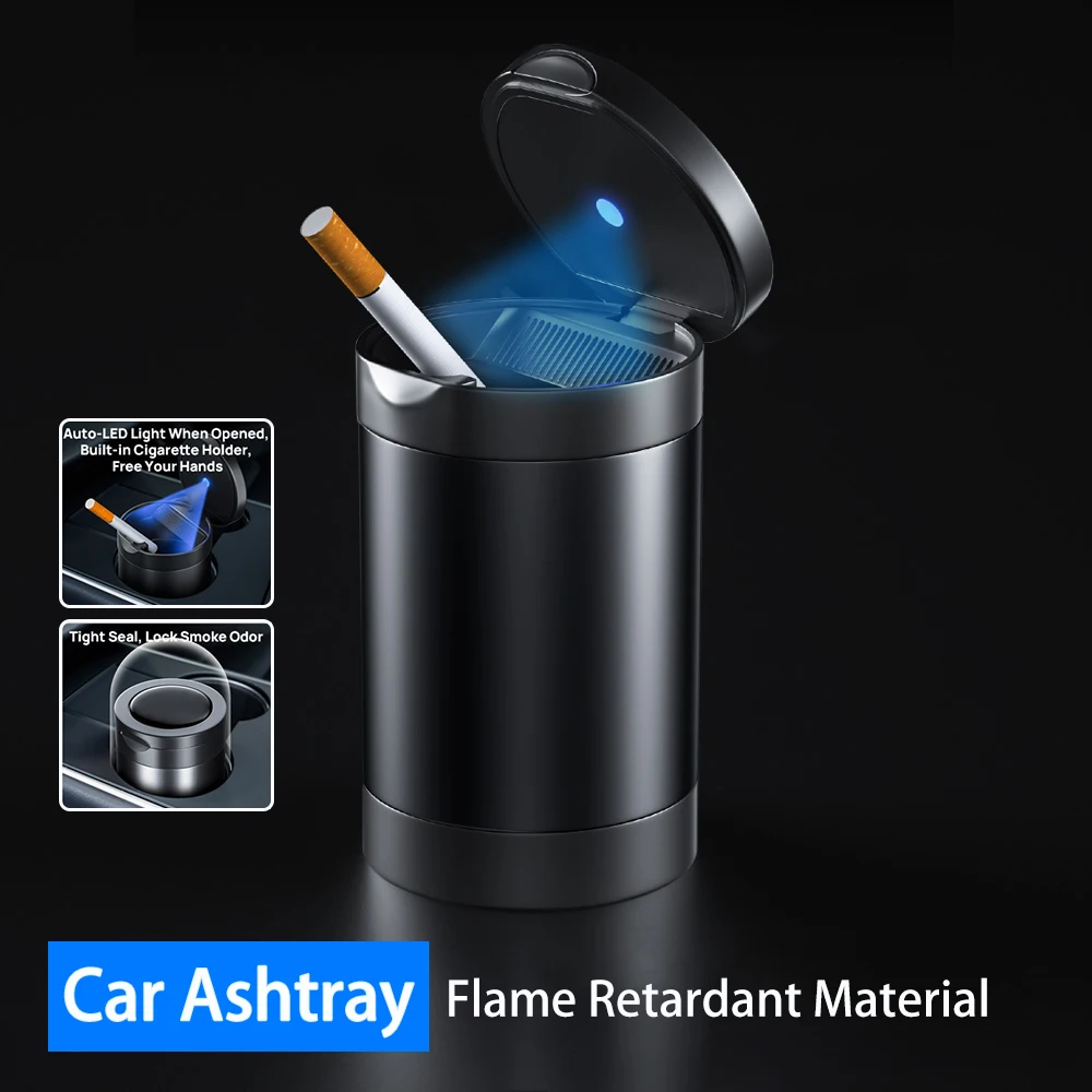 Luxury Portable Car Ashtray Universal LED Ashtray with Alloy Lining Smell Proof Retardant Cigarette Ashtray Interior Accessory