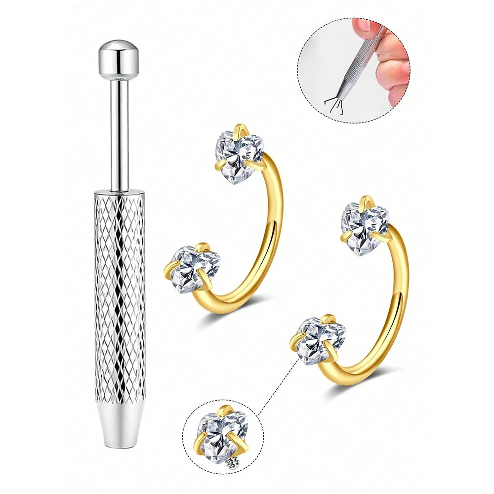 18G 2 Stück Hufeisen-Nasenringe mit 1 Stück Piercing Taper Ball Grabber, Edelstahl Doppel-Zirkonia-Nasenbolzen – Detail 10