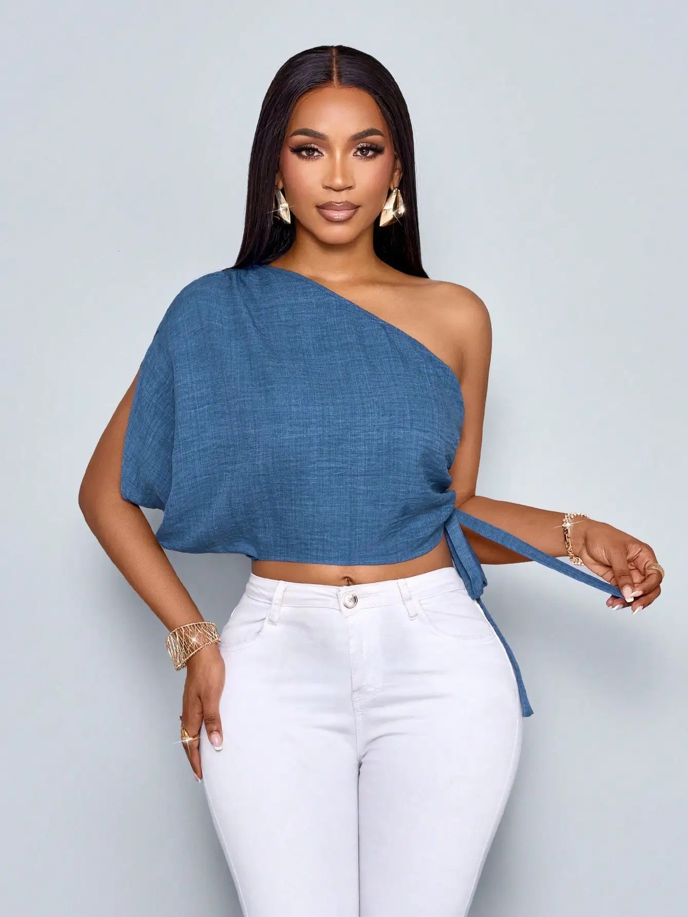 

One Shoulder Blue Textured Crop Top With Adjustable Side Tie