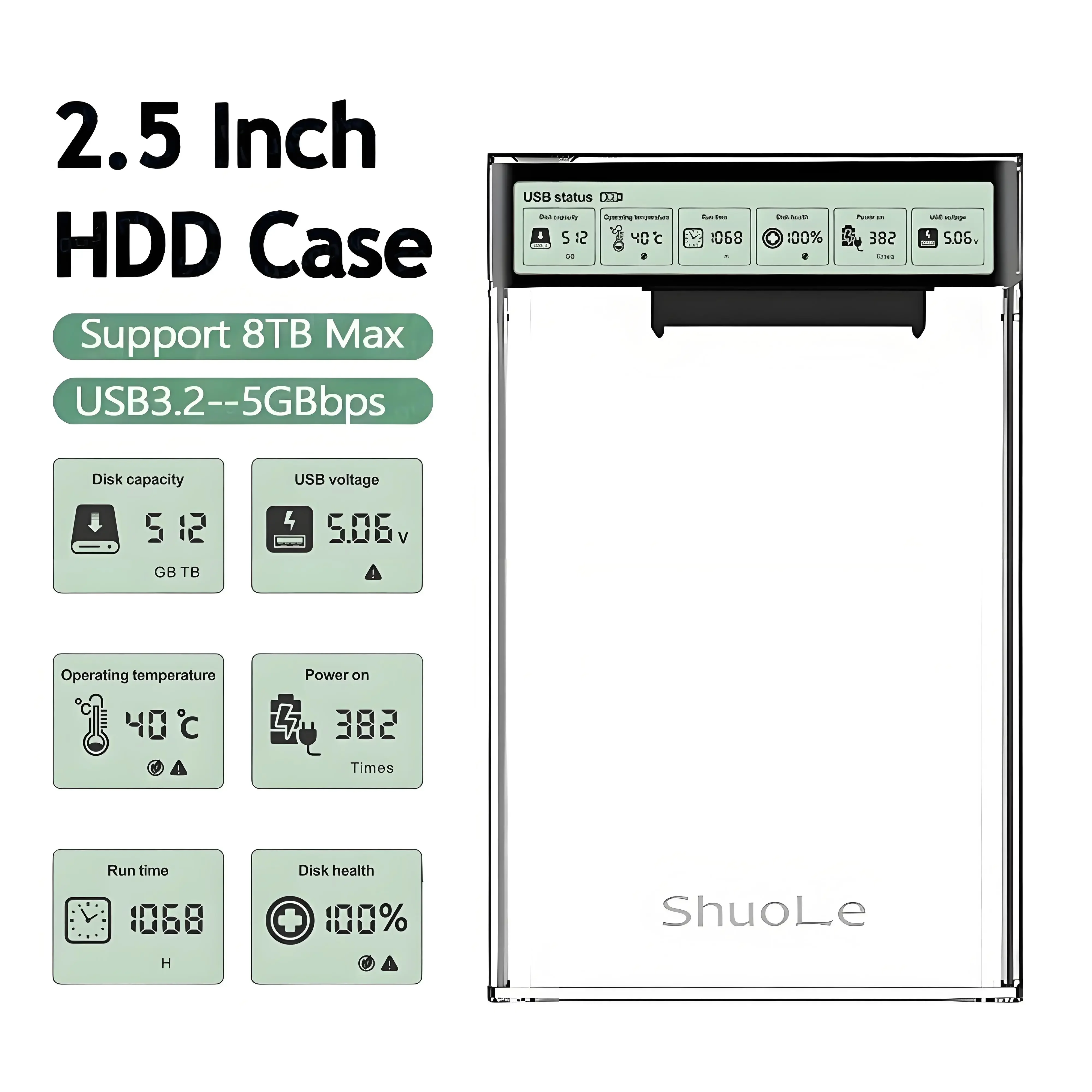 

USB3.2 Чехол для внешнего жесткого диска 2,5-дюймовый прозрачный корпус для жесткого диска с экраном дисплея 5 Гбит/с USB-Type-C HDD SSD Чехол для портативных ПК