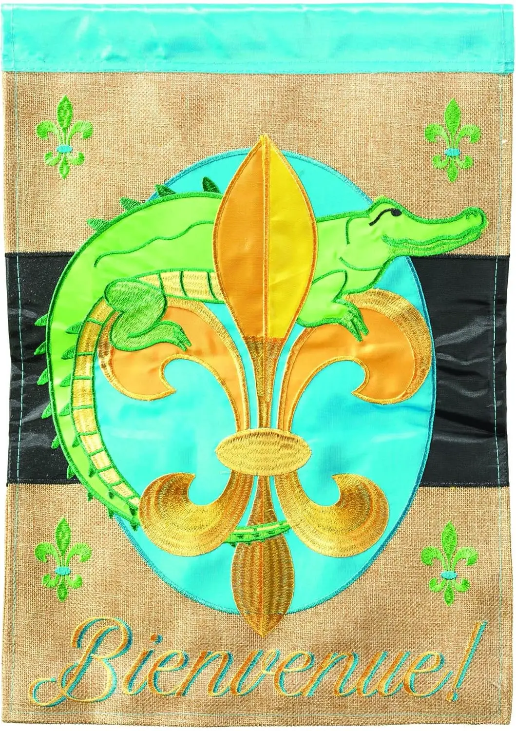 Magnolia Garden Bienvenue Gator Fleur de Lis 29 x 42 Poly Burlap Outdoor Hanging Flag