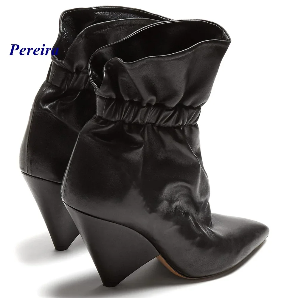 

Ботинки на шпильке с острым носком, плиссированные дизайнерские ботинки без шнуровки, черные женские зимние кожаные ботильоны на резинке 2025 года, очаровательные