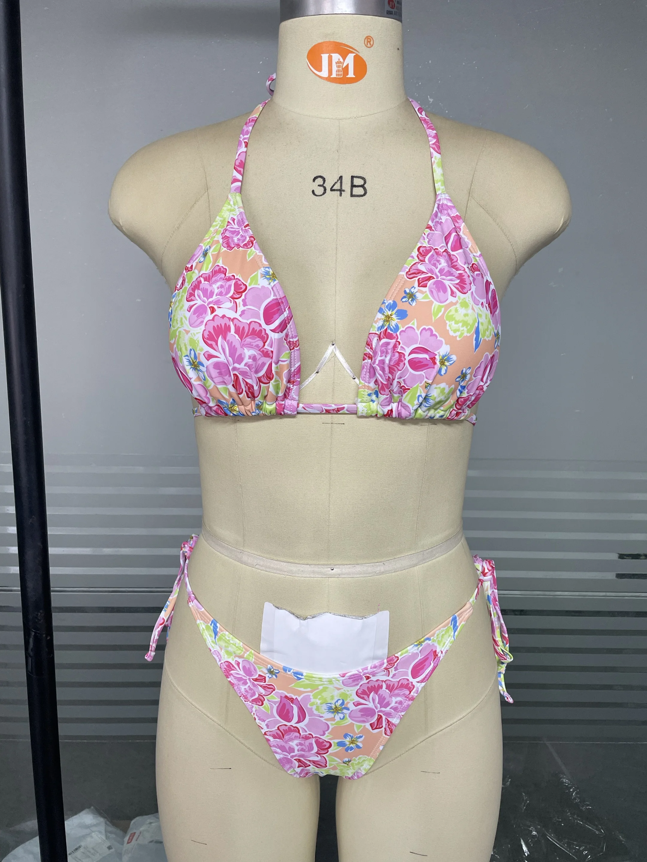 Pink sexy swimwear women printed triangle cup bra neck strap back strap side Female beach set strap bikini suit