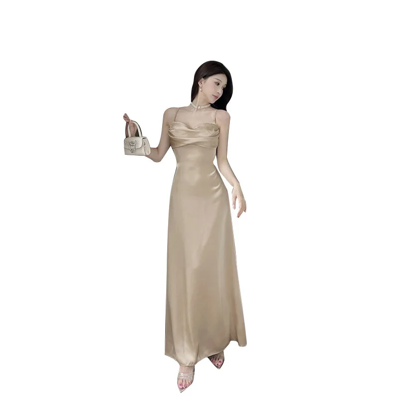 Vintage Satijn Strappy Kriskras Champagne-gekleurde Bodycon Jurken Voor Vrouwen Plooien Slanke Hotsweet Halter Jurk Avondjurk Gewaad