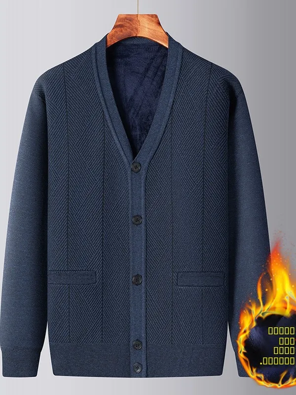 

Мужской утепленный вязаный свитер с V-образным вырезом на флисовой подкладке, повседневная зимняя верхняя одежда из мягкого полиэстера, стандартный крой, для ежедневной носки