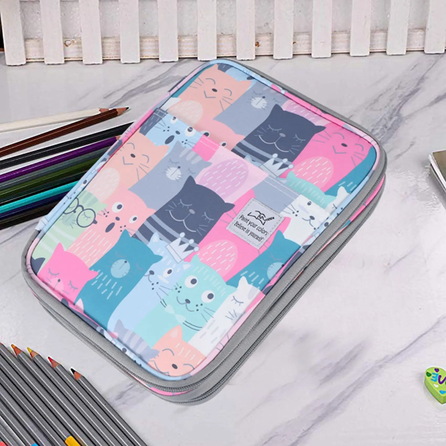 192 Slots Large Capacity Pencil Bag Case Organizer Cosmetic Bag for Colored Pencil Watercolor Pen Markers Gel Pens Bag(Learn Cat