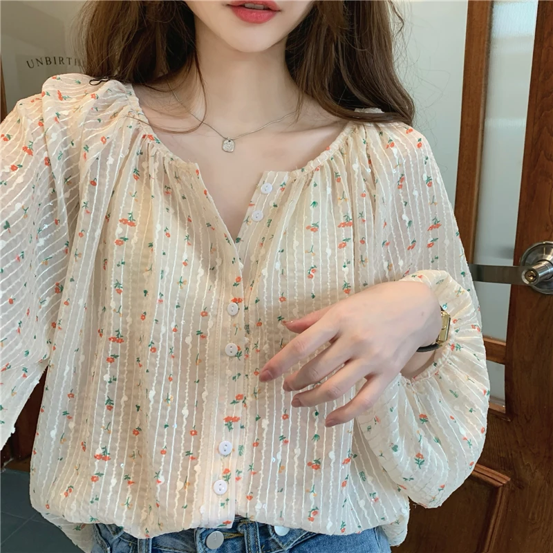 

Korean Style Loose Long Sleeve Floral Print Women's Shirt Patchwork Bead Design Single Button Casual Top Spring Summer