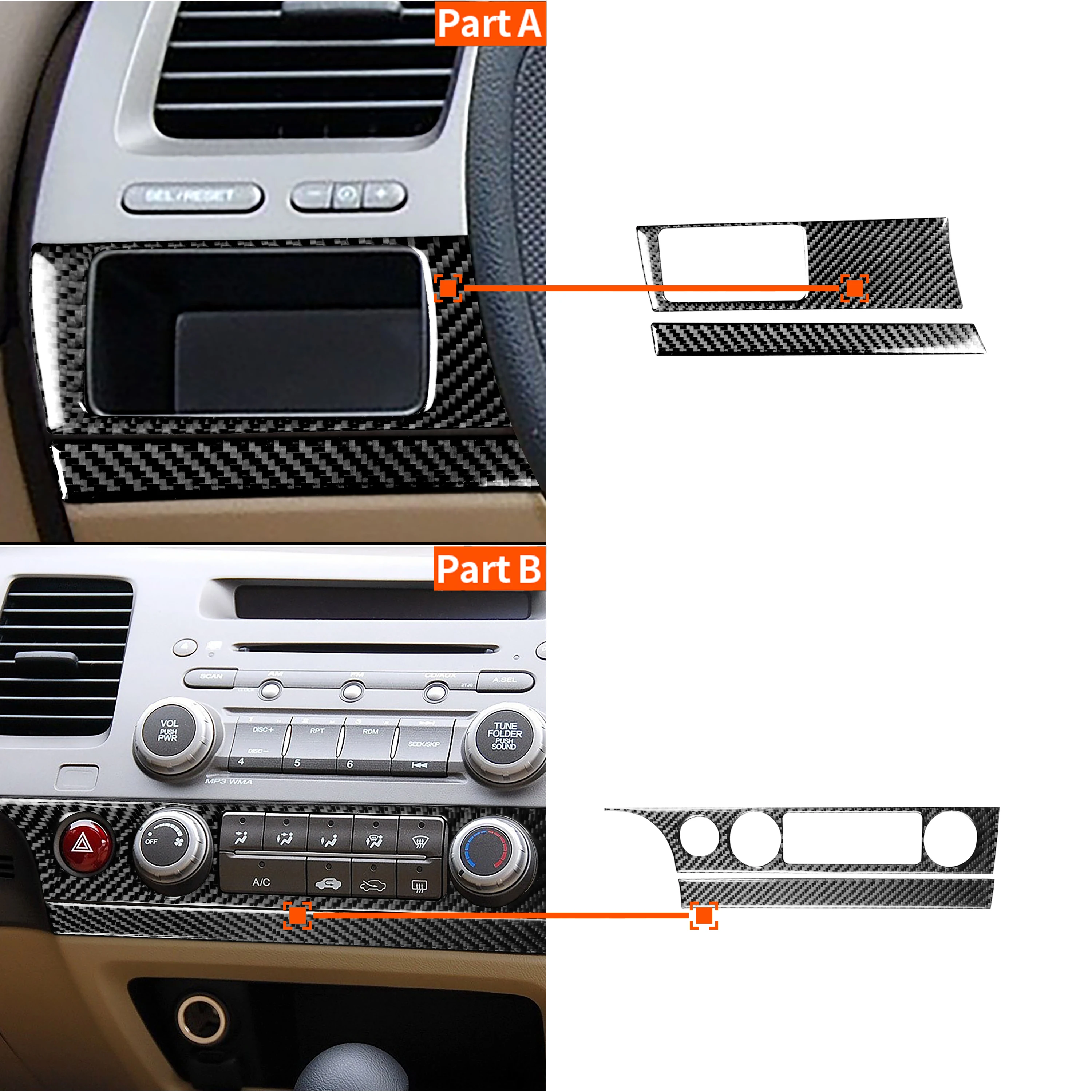 Car Interior Accessories For Honda Civic 8th Gen 2006-2011 Carbon Fiber Air Conditioning Button Stickers+Headlight Switch Panel