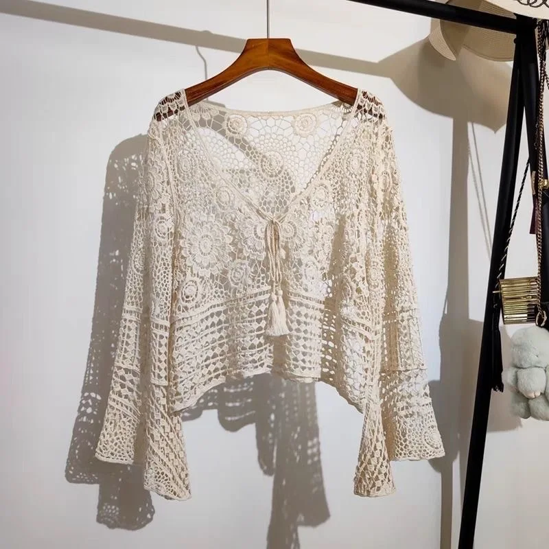 2025 الربيع والخريف المطرزة الجوف كم طويل الشاطئ التستر الشمس حماية قميص المرأة بلايز معطف ملابس خارجية البلوز