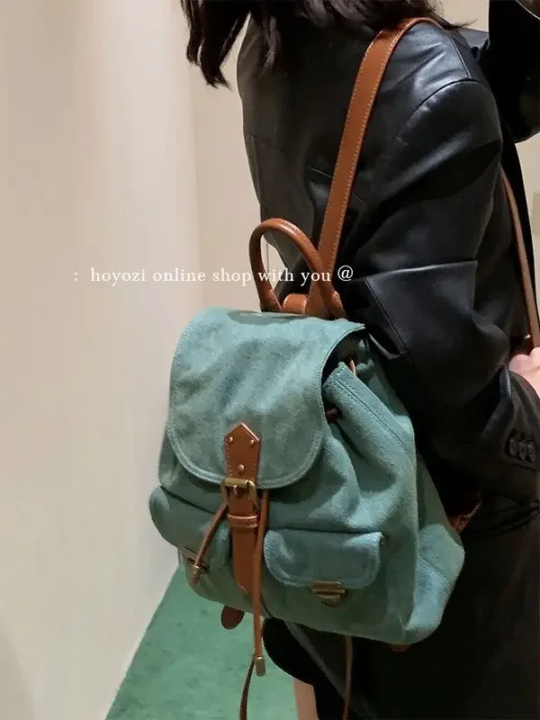 Miyagawa Contrast Colored Denim Backpack Women's Causal Fashion Retro Backpacks Canvas Bookbag 2023 New Handheld