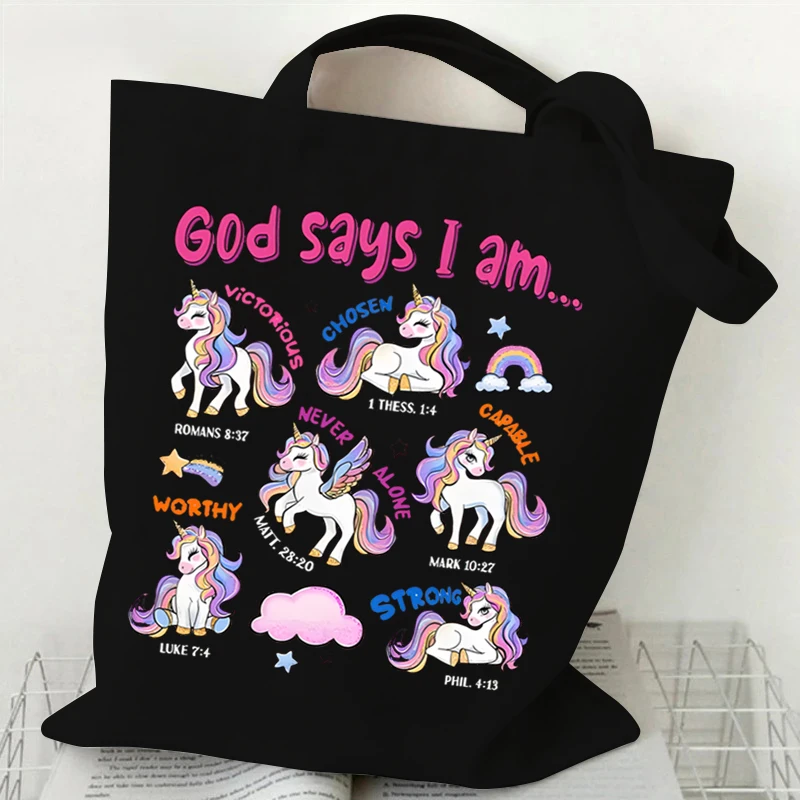 Bolso de lona "dios dice que soy..." Bolsos de mano de unicornio de dibujos animados para mujer, bolsos de compras reutilizables Vintage con mariposa para mujer