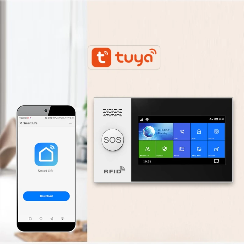 HIVA Tuya Alarm System 4.3 Inch Screen WIFI GSM GPRS Burglar Home Security with PIR Motion Sensor & Fire Smoke Detector PG-107