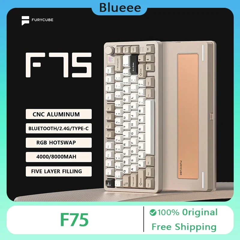 Furycube F75 Mechanical Keyboard Aluminium Alloy Wireless 2.4G Blutooth Tri Mode RGB Hot Swap PC Gamer Office Gaming Keyboards