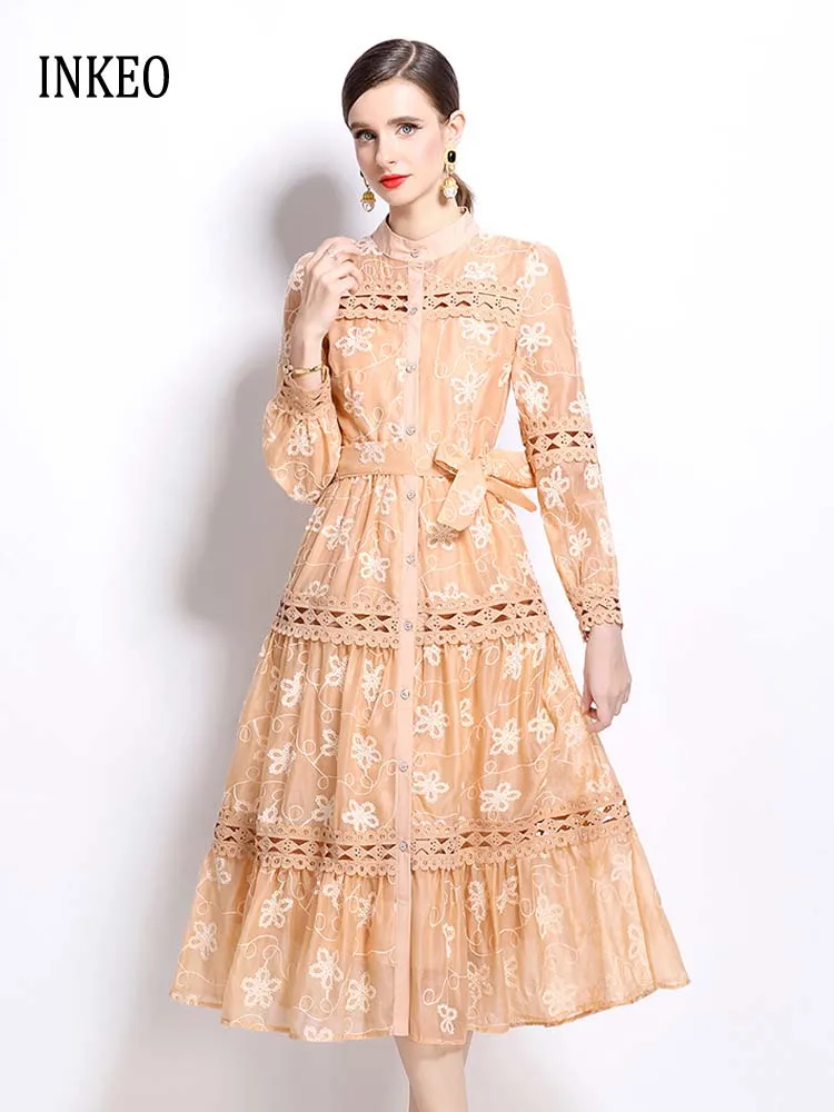 Elegancka sukienka koszulowa z kwiatowym haftem z szarfami damska z długim rękawem koronkowa patchworkowa sukienka Midi drążą 2025 lato 5D085