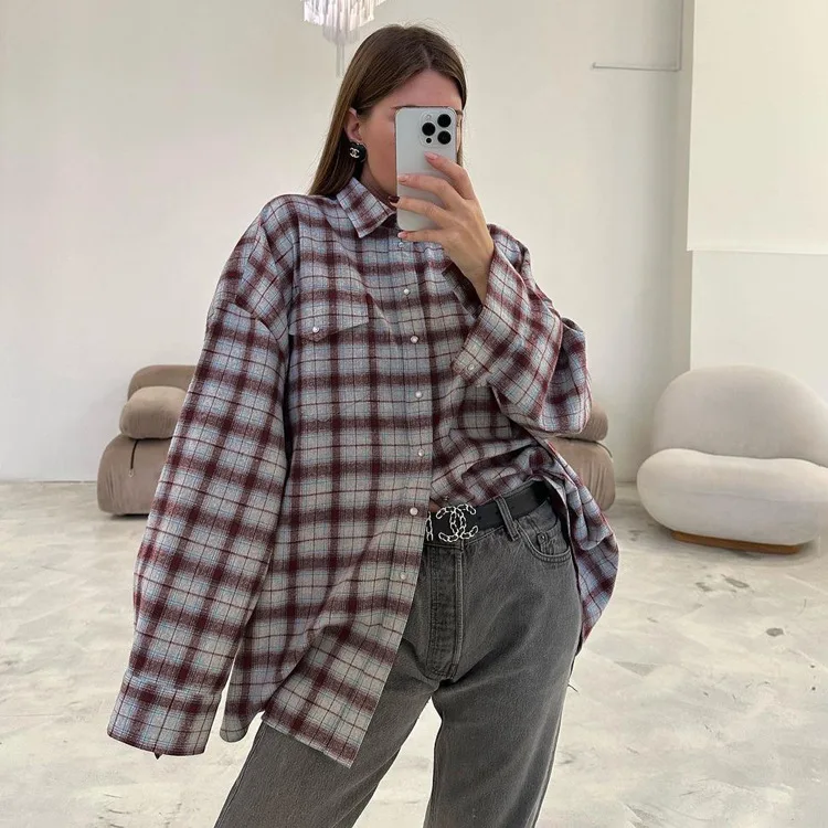 

Women Casual Plaid Long Sleeve Shirt Female Teenager Vintage Retro Chic Streetwear Grunge Pocket Button Loose Oversized Shirt