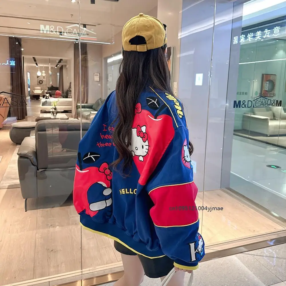 여성용 만화 헬로 키티 자수 자켓 Sanrio 한국어 버전 스타일 패션 트렌드 자켓 여성 느슨한 통근 블루 코트