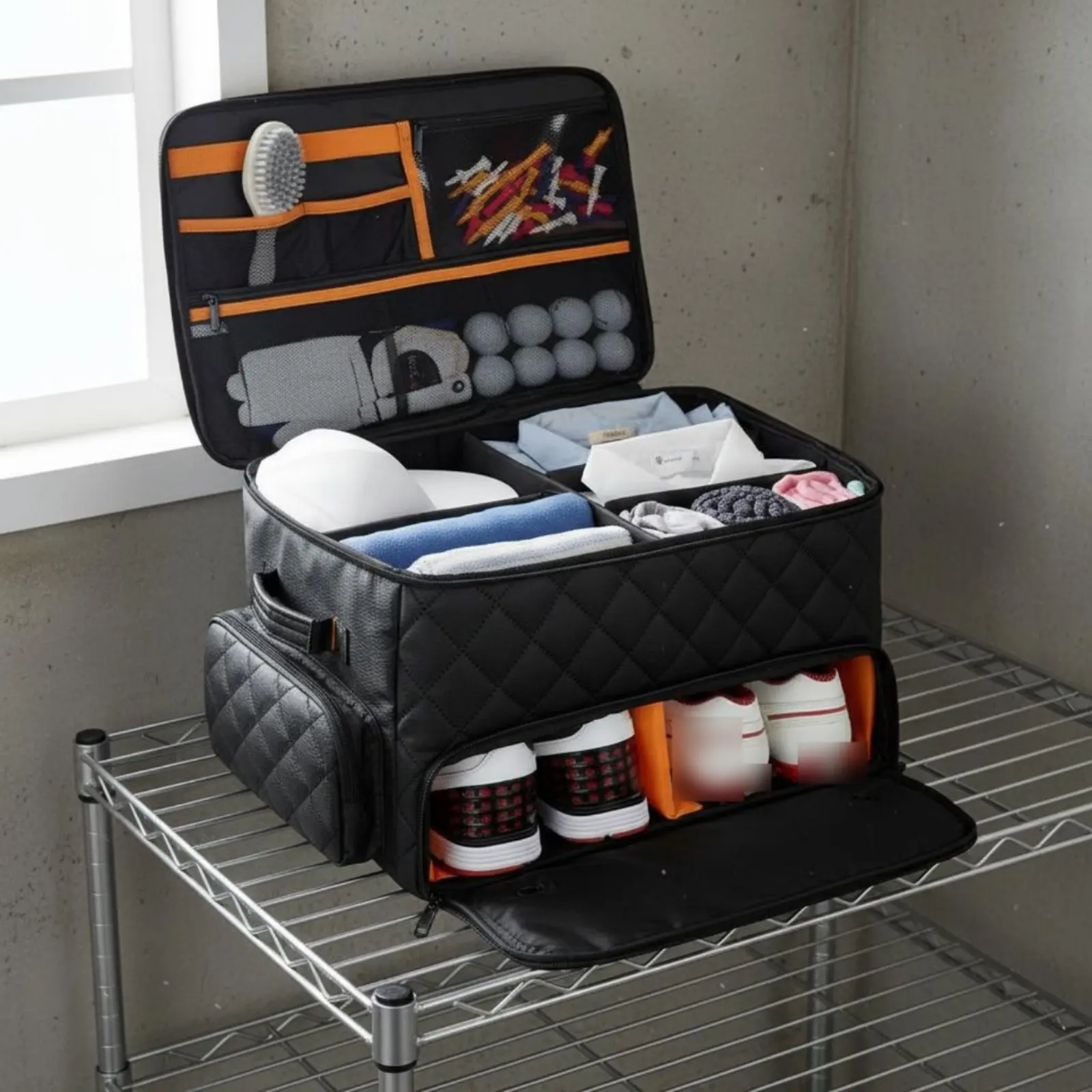 

Спортивный органайзер для багажника с вентилируемым отделением, сумка для обуви и снаряжения, прочный материал, водонепроницаемый.