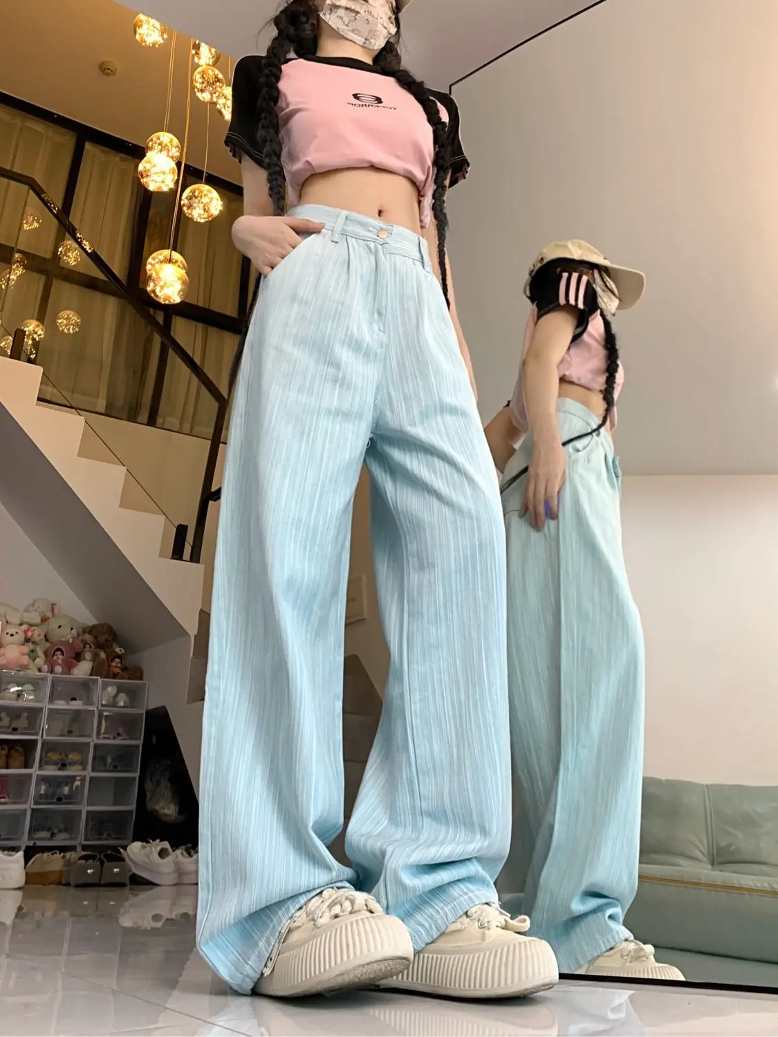 Jeans High-End Striped Women\'S 2024 Summer New Design Light-Colored High-Waisted Straight Wide-Leg Floor-Length Trousers