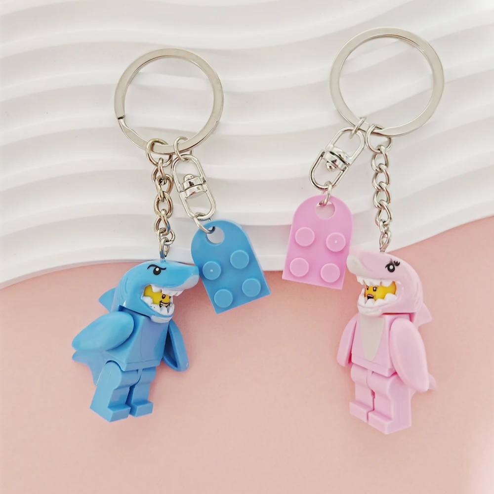 2pcs/set Cartoon Pink Blue Shark Keychain Heart-Shaped Splicing Couple Key Ring Bag Pendant Decor Props Lover Christmas Gift
