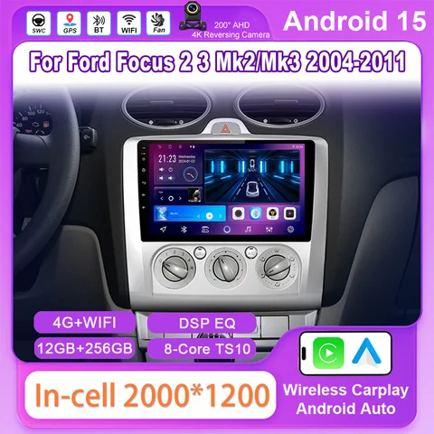 자동차 안드로이드 14 GPS 네비게이션 포드 포커스 2 3 Mk2/Mk3 2004-2011 자동 라디오 스테레오 멀티미디어 비디오 플레이어 QLED NO 2DIN DVD 4G