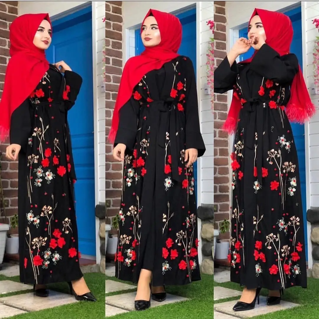 Imagem -02 - Abaya Floral para Mulheres Kimono Dubai Vestido Hijab Muçulmano Kaftan Caftan Oração Marocain Roupa Islâmica Turca