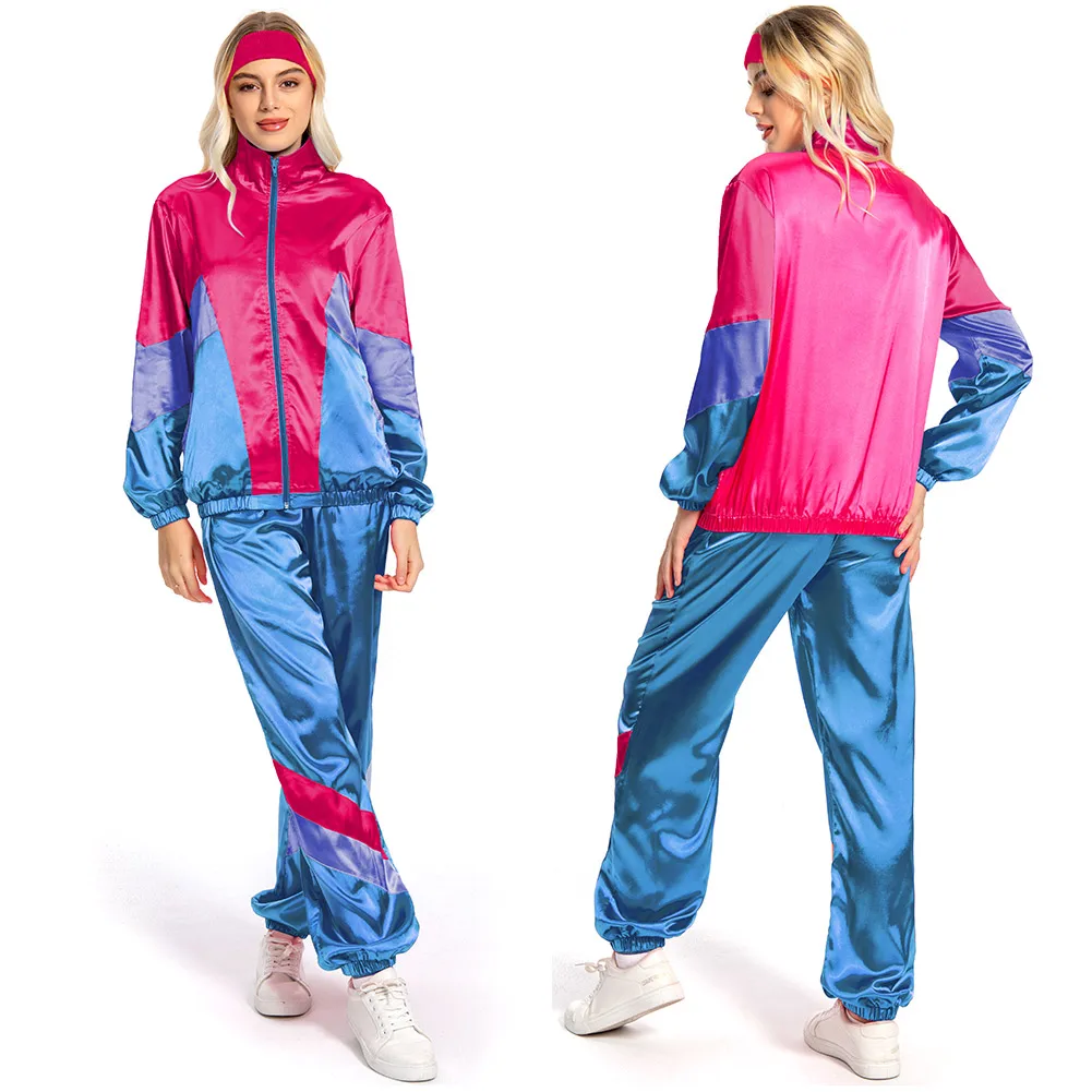 7PCS 80s Retro Hip-hop Glasses Cosplay Tracksuit Costume Female Vintage Pink Blue Sportsuits Headband Unisex Halloween Suit