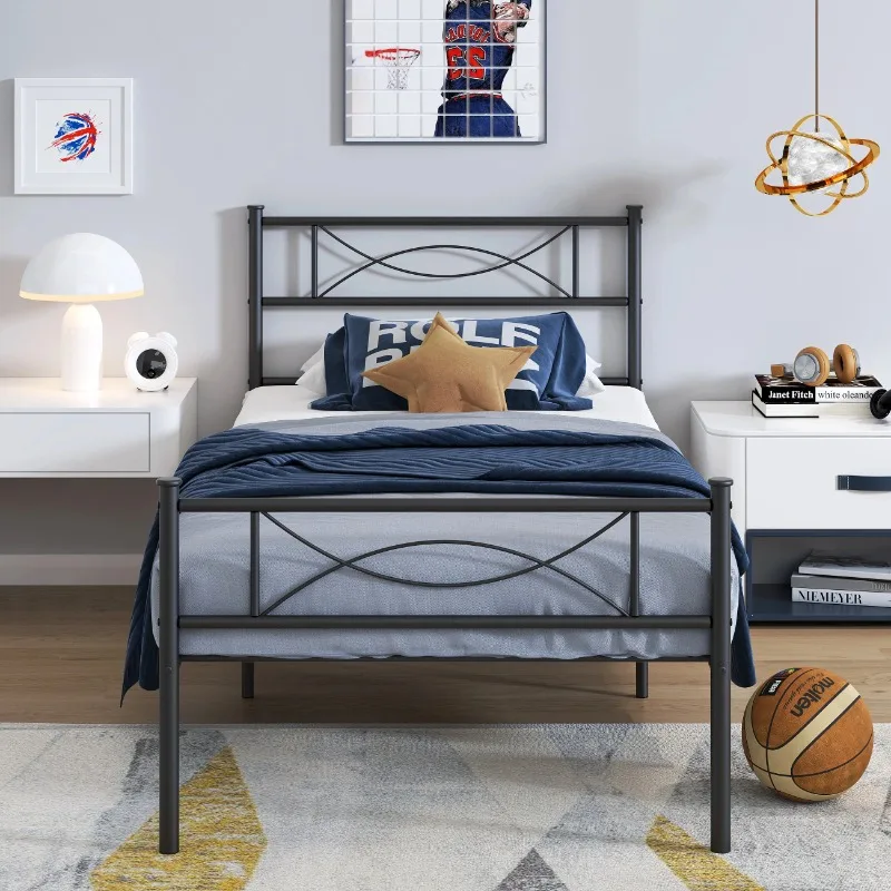 

Kids Twin Size Metal Platform Bed with Bowknot Headboards Easy Assembly (Mattress Not Included), Black