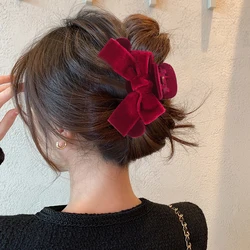 Bow Flocked Hair Claw Girls Burgundy Party Hairpin Ponytail Temperament Hair Clip For Women Festival Hair Accessories Gifts