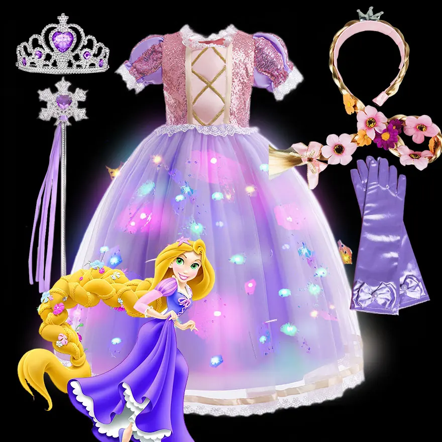 Child Cute Disney Princess Rapunzel Fairy Vestidos Light up Tangled Movie Role Play Dress with LED Light Kids Halloween Costume