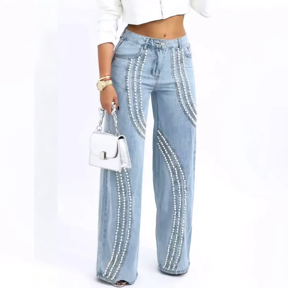Women's High Waisted Wide Leg Jeans with Beaded Detailing Casual Baggy Denim Pants for Party Streetwear and Everyday Wear