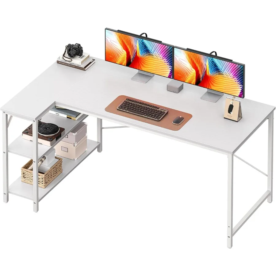 مكتب كمبيوتر على شكل حرف L مقاس 55 بوصة مع أرفف تخزين قابلة للعكس لزوايا الألعاب والمكتب المنزلي ودراسة الكتابة المعدنية المتينة