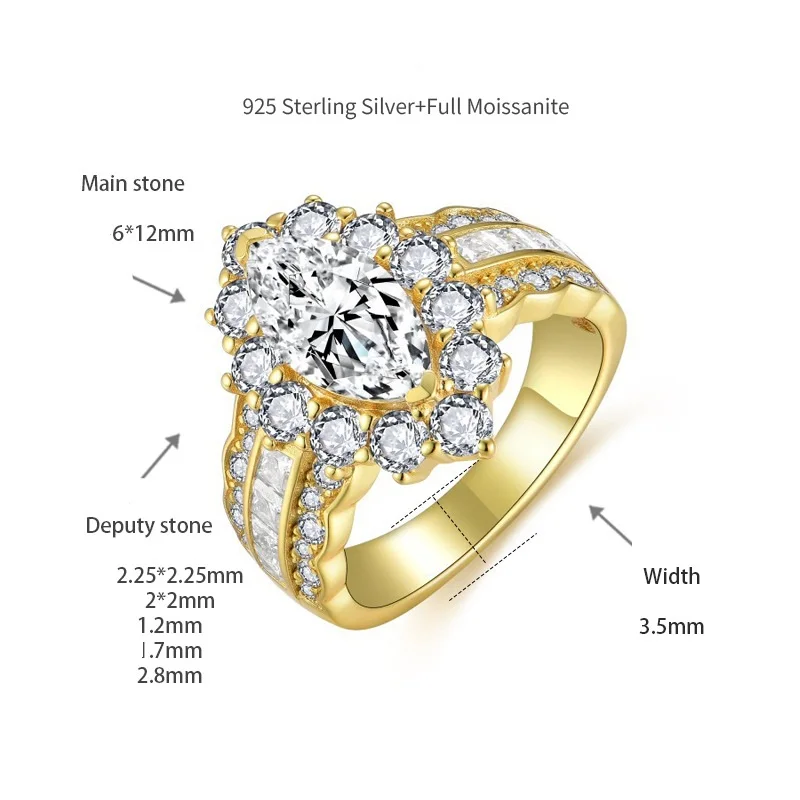 Apaison 925 Sterling Silver 6*12 mm 2 ct Moissanite Rings 18K Gold Plated Wedding Jewelry For Women's