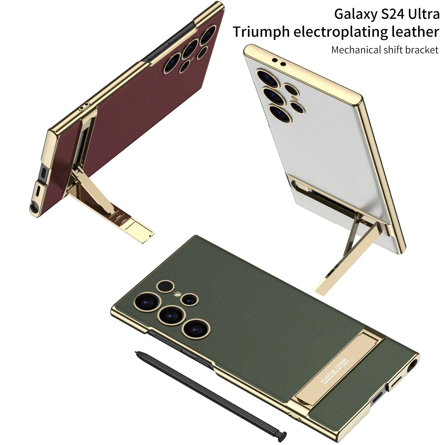 Luxury Electroplated Gold Border Plain Leather Bracket For Samsung Galaxy S24 Ultra S24Ultra Case Shockproof Cover Accessories