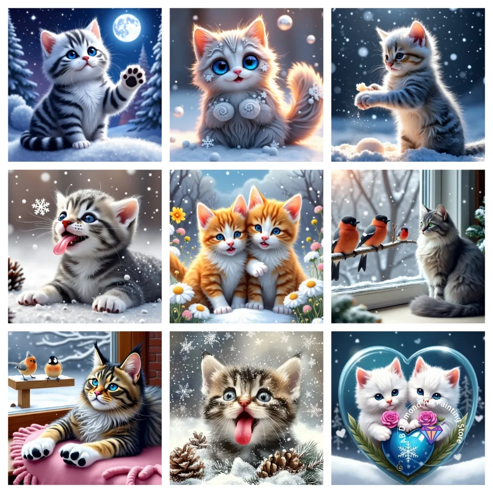 

New Cute Snow Kitten Winter Scene AB Diamond Painting Kit Square Round Diamond 5D DIY Mosaic Handmade Art Gift Home Decoration