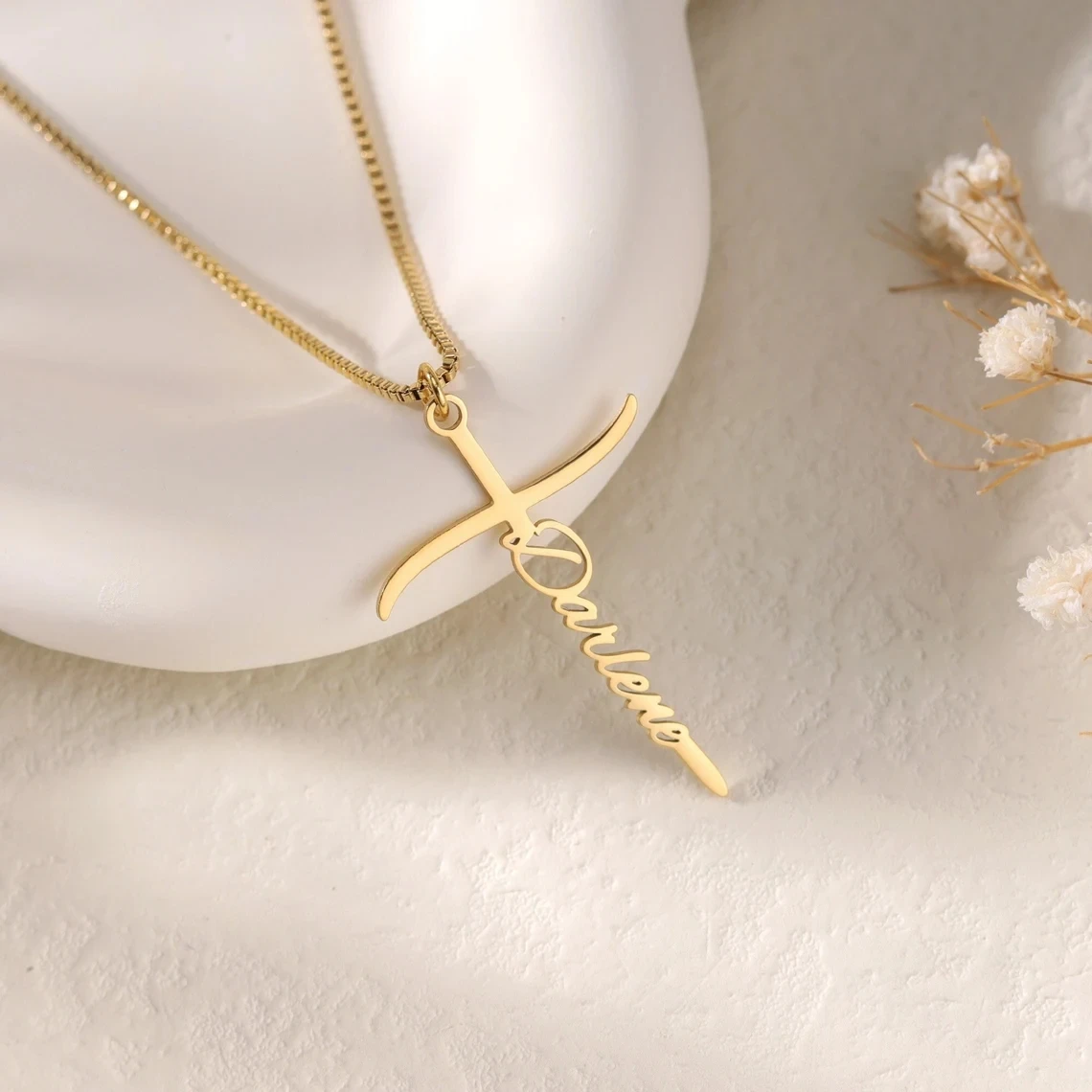 

Personalized Custom Names Cross Pendant Necklace Stainless Steel Customized Kids Name Necklace Box Chain Religious Baptism Gift