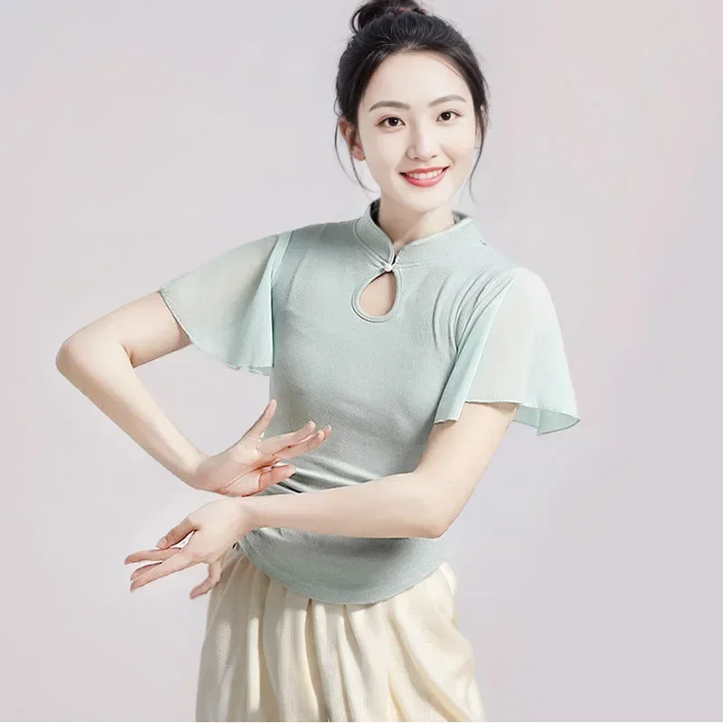 古典舞踊の新作トップス、練習着、女性用中国舞踊チャイナドレス、半袖スリムフィット大人用ボディダンスウェア