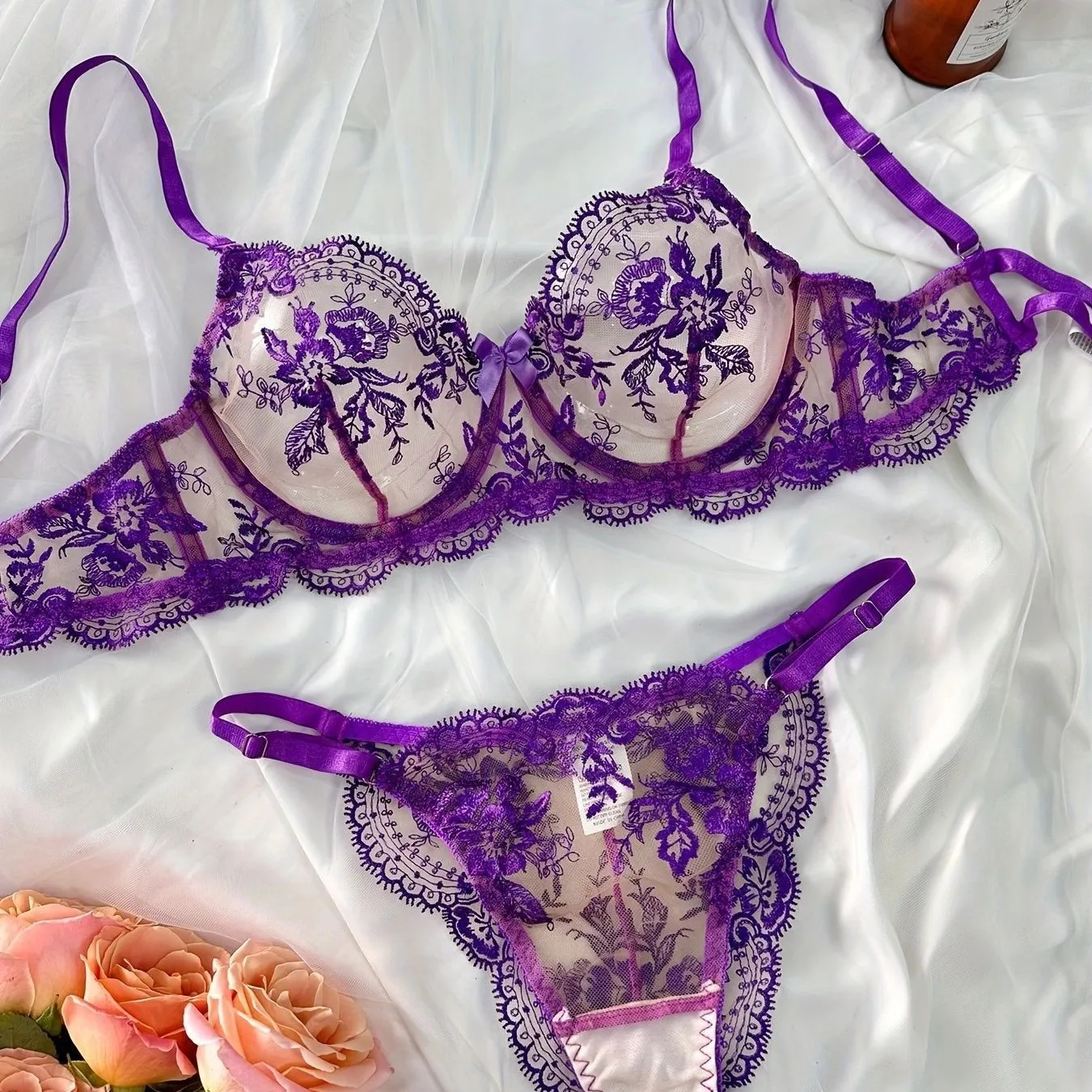 Sexy Blumenstickerei Unterwäsche Set Home Freizeit BH Set Netzstoff Reine Farbe Vier Jahreszeiten Geeignete Damen Unterbekleidung