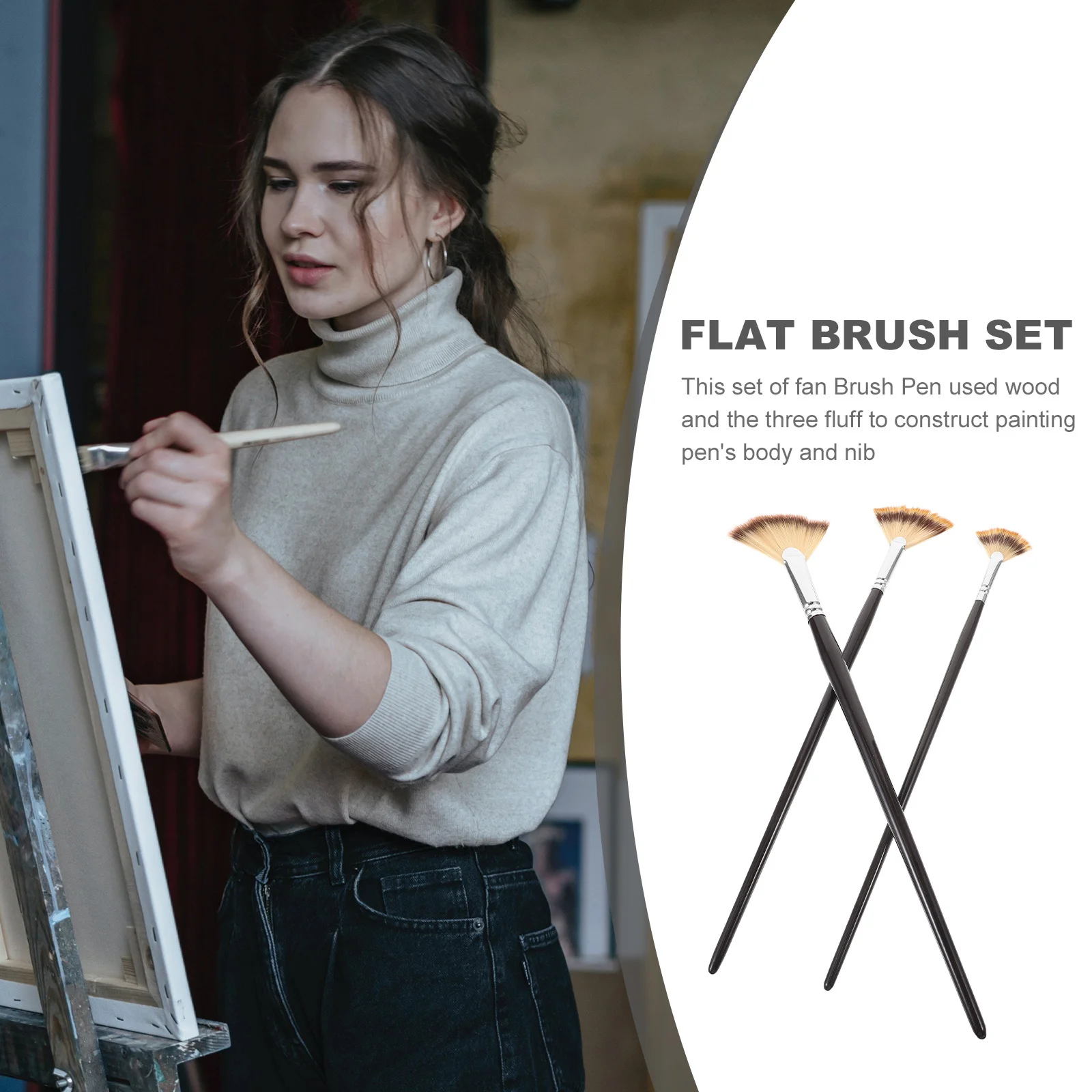 مجموعة فرش فنية مكونة من 3 قطع، مقابض خشبية من النايلون الأسود، فرش مروحة مسطحة، لوازم زيتية من الأكريليك، مجموعة فرش مسطحة