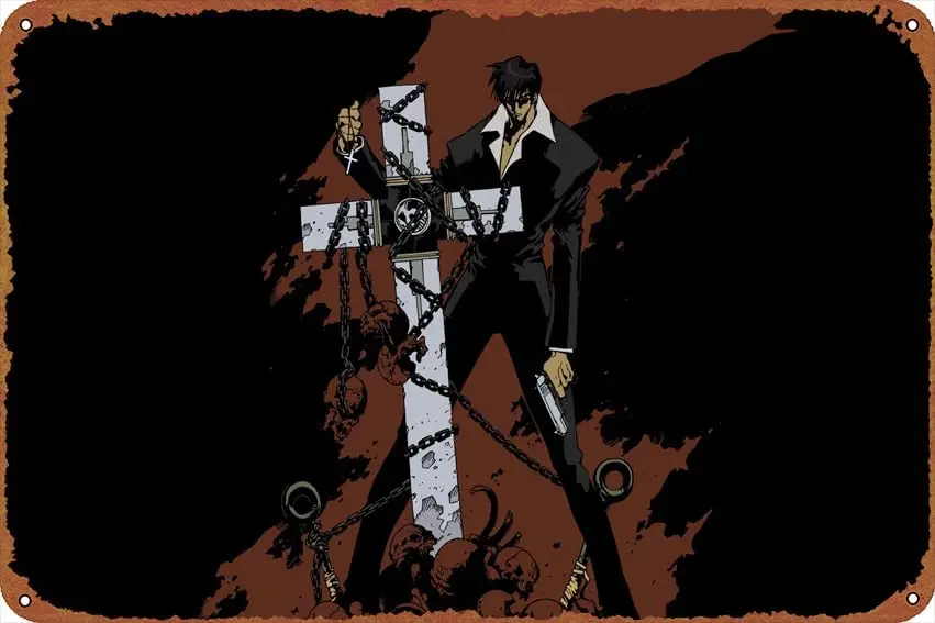 Trigun Nicholas D Wolfwood-Póster de Metal de aluminio, decoración retro para el hogar, bar, oficina, cafetería, cocina, dormitorio, restaurante, garaje