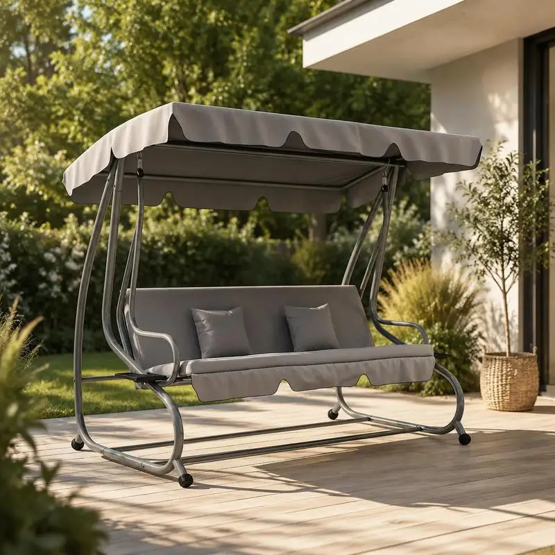 Balançoire de jardin 2 en 1 transformable en lit 200 x 120 x 164 cm, 3 places avec dossier inclinable et auvent réglable, structure en acier gris, capacité jusqu'à 340 kg, banc de jardin pour terrasse, patio et extérieur, style moderne minimaliste familial
