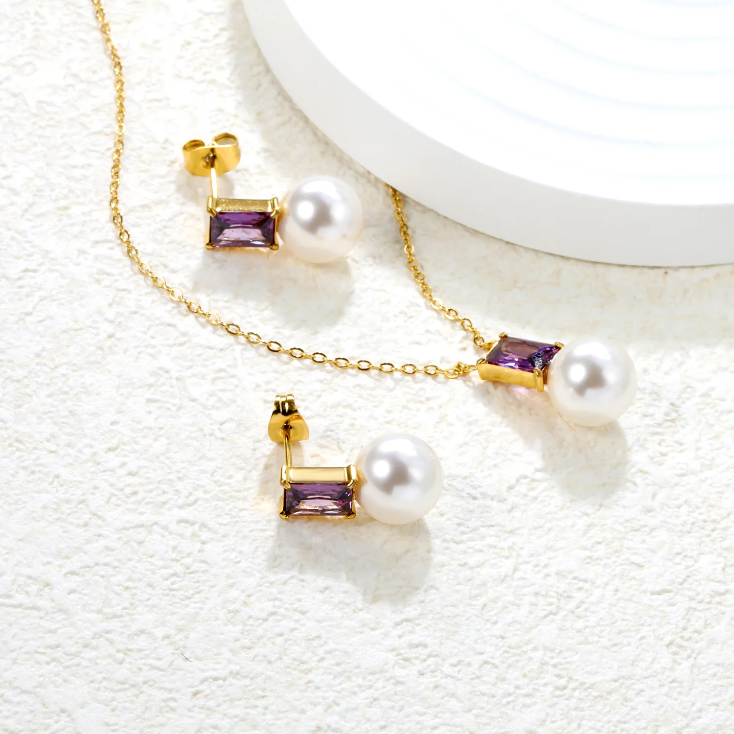 

Fashion Elegant Stainless Steel Pearl Jewerly Set Purple Sapphire Pearl Ear Stud/Pendant Necklace For Women Waterproof Anti-rust