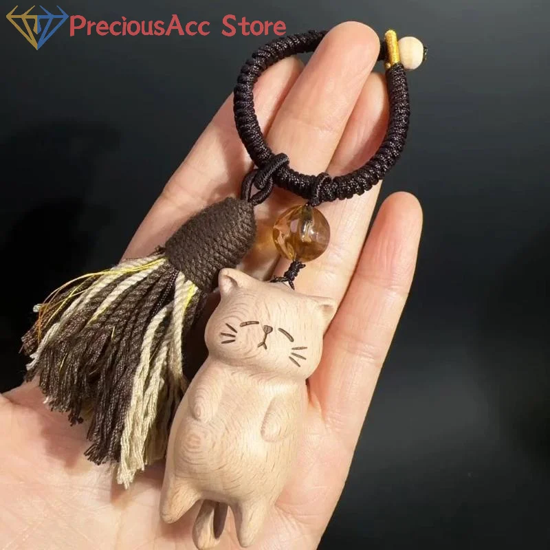 Handgeschnitzter süßer Kitty Taschenanhänger Dekor Auto Schlüsselanhänger Retro Holz Katze Schlüsselanhänger für Frauen Paar Modeschmuck Accessoires Geschenk